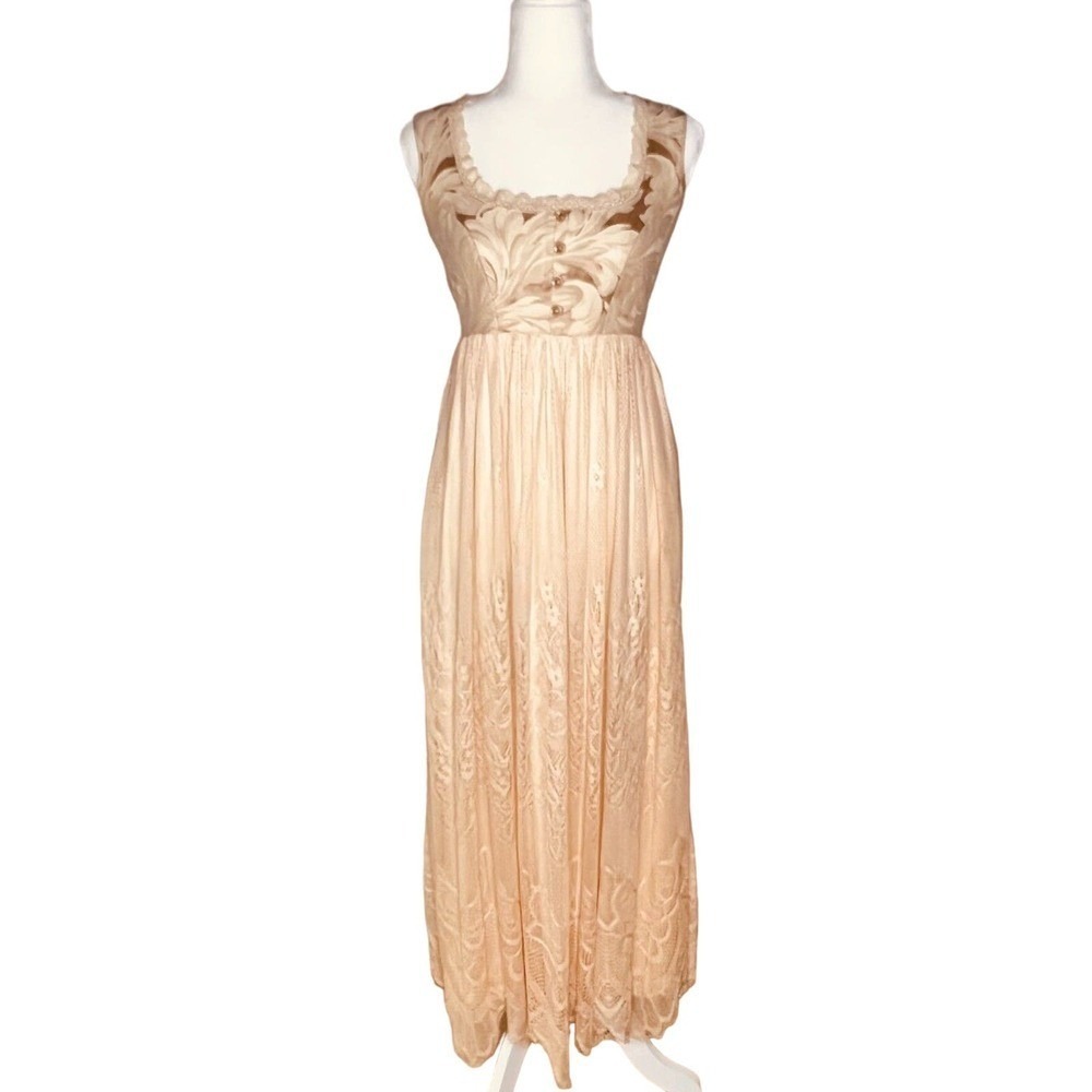 Karen Alexander Maxi Dress Womens 4 Beige Excellent Lace Damask Vintage